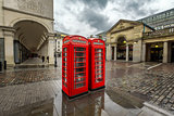 Red Telephone Box at Covent Garden Market on Rainy Day, London, 