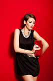 Beautiful girl with a red clutch bag