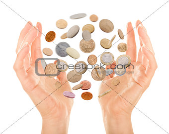 Woman hand with coin isolated on white