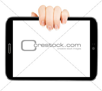female hands holding a tablet touch computer gadget with isolated screen