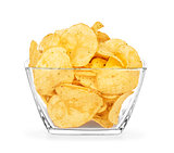 potato chips in a glass bowl on an isolated white background