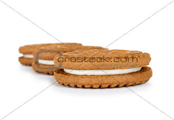 Delicious chocolate cookies with cream on isolated background