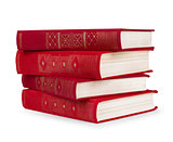 stack of vintage red books on white isolation