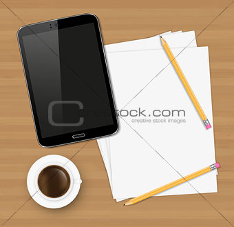 Desk concept with a blank paper, a cup of coffee and a modern tablet with space for text.