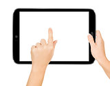 female hands holding a tablet touch computer gadget with isolated screen