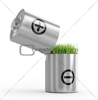 ecology concept a net energy. A battery and a grass on a white b