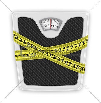 Measuring tape wrapped around bathroom scales. Concept of weight