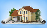 construction plan with house and wood 3d