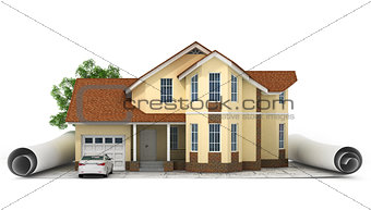 a stylized house model with floor plan, ruler and pencil, isolat