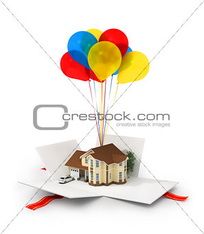 Opened gift with house on the white background.