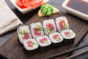 Sushi rolls with tuna and cucumber