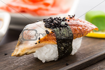 Nigiri sushi with smoked eel