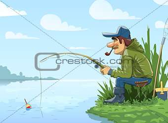 Fisherman with rod fishing on river