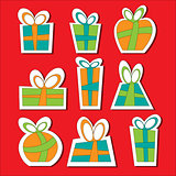 Collection of vector colorful Christmas present boxes. Decorative items. Set of sticks.