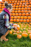 Young woman holding pumpkin. rear view