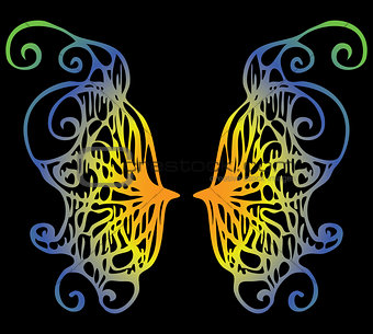 illustration. Iridescent wings of a butterfly on a black backgro