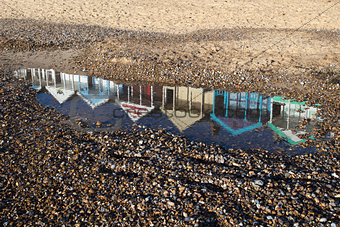 Relection of Beach Huts on Southwold Beach, Suffolk, England