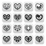 Folk hearts with flowers and birds buttons set