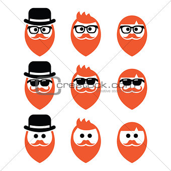Man with ginger beard with moustache or mustache, hipster icons set