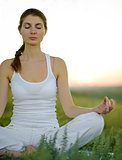 Young Beautiful Woman Practices Yoga on the Meadow