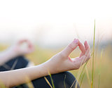 Woman Practices Yoga on the Meadow