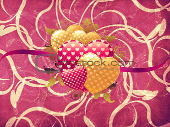 Hearts on vintage floral background