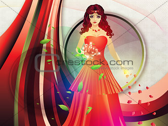 Lady in red dress on holiday background