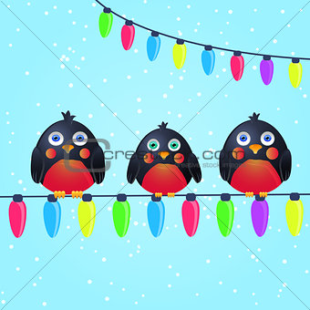 Cute Birds on Wire with Christmas Light Bulbs