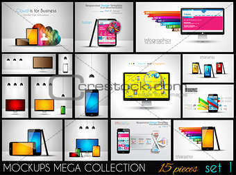 Collection of phone, pc and tablet mockups with infographics.