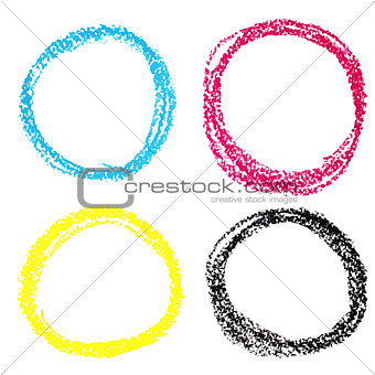 Set of CMYK circle spots of pastel crayon, isolated on white background