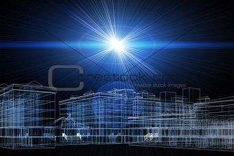 Wire-frame buildings with light on dark background