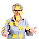 Elderly woman with yellow notes