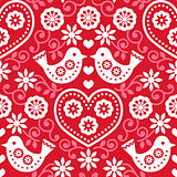 Folk art red seamless pattern with flowers and birds