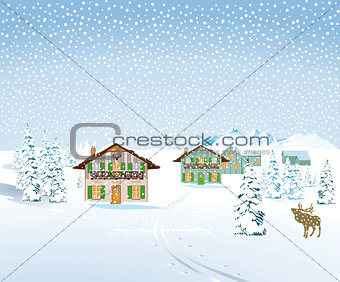 snow landscape with houses