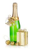 Champagne bottle, christmas gift and baubles