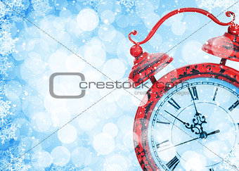 Christmas background with clock and snow bokeh