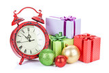 Christmas clock, gift boxes and bauble decor
