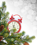Christmas background with clock and snow fir tree