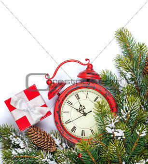 Christmas background with clock and snow fir tree
