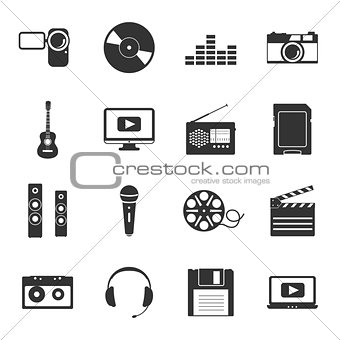 Multimedia black and white flat icons set