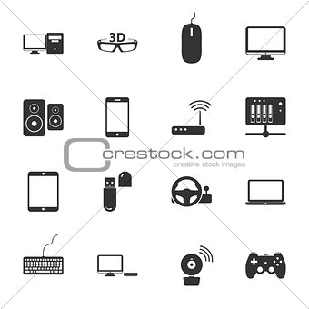 Computers, peripherals and network devices black and white flat icons set