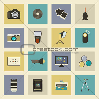 Photo equipment flat icons set 