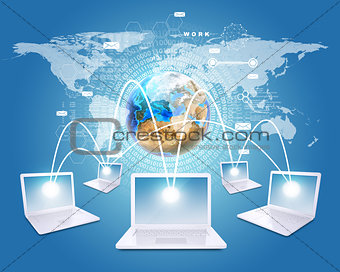 White laptops are connected to network. Earth, world map and figures on background