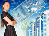 Beautiful businesswoman in dress with crossed arms. Buildings and money as backdrop