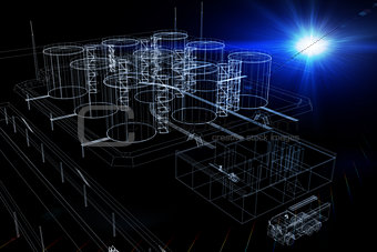 Wire-frame industrial tanks with light on dark background