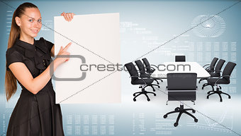Businesswoman hold paper sheet. Big conference table with chairs are located next