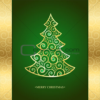 Gold Christmas tree on a green background