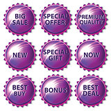 Set of purple stickers on white background.