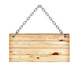 Wood sign from a chain on an isolated white background