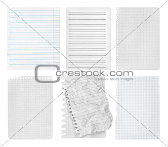 collection of various pieces of note pages on white background. 